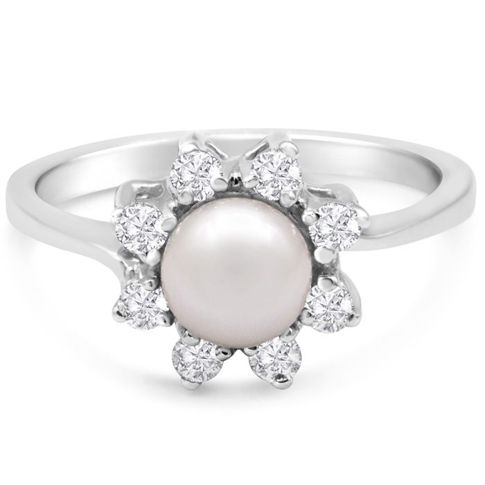 Round Freshwater Cultured Pearl & 1/3 Carat Halo 8 Diamond Ring in 14K White Gold (4.70 g), , Size 4 by SuperJeweler