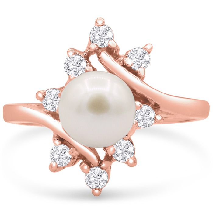 Round Freshwater Cultured Pearl & Halo 8 Diamond Ring in 14K Rose Gold (3.70 g), , Size 4 by SuperJeweler