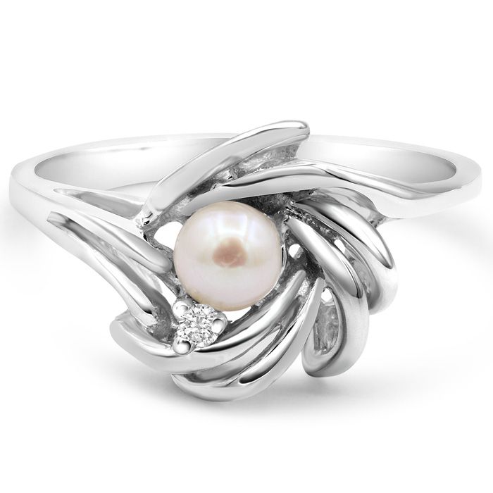 Round Freshwater Cultured Pearl & Diamond Accent Ring in 14K White Gold (2.80 g), , Size 4 by SuperJeweler