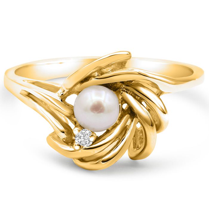 Round Freshwater Cultured Pearl & Diamond Accent Ring in 14K Yellow Gold (3.60 g), , Size 4 by SuperJeweler