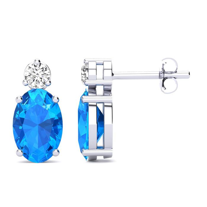 1 Carat Oval Blue Topaz & Diamond Stud Earrings in 14K White Gold (1.90 g),  by SuperJeweler