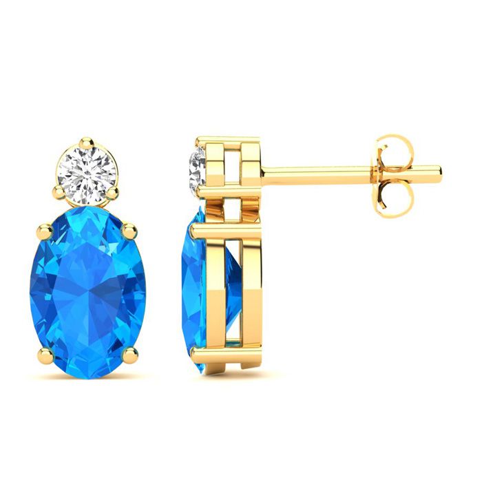 1 Carat Oval Blue Topaz & Diamond Stud Earrings in 14K Yellow Gold (1.90 g),  by SuperJeweler