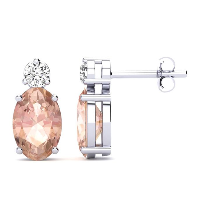 1 Carat Oval Shape Morganite Earrings W/ Diamond, Studs In 14K White Gold (1.90 G) (I-J, SI2-I1) By SuperJeweler