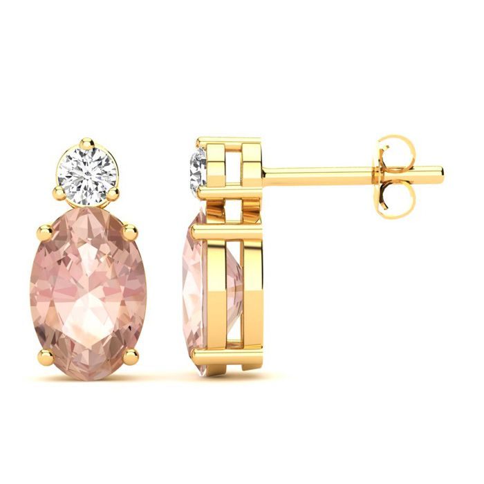 1 Carat Oval Shape Morganite Earrings W/ Diamond, Studs In 14K Yellow Gold (1.90 G) (I-J, SI2-I1) By SuperJeweler