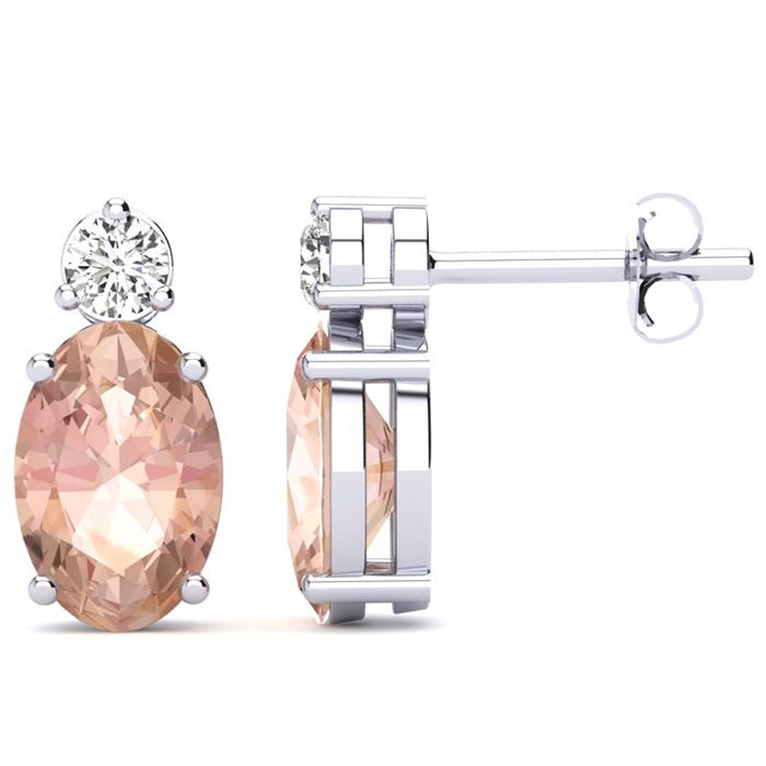 1-2/3 Carat Oval Shape Morganite Earrings W/ Diamond, Studs In 14K White Gold (1.90 G) (I-J, SI2-I1) By SuperJeweler