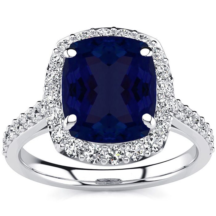 5 Carat Cushion Cut Sapphire & Halo 34 Diamond Ring in 18K White Gold (6.50 g), , Size 4 by SuperJeweler