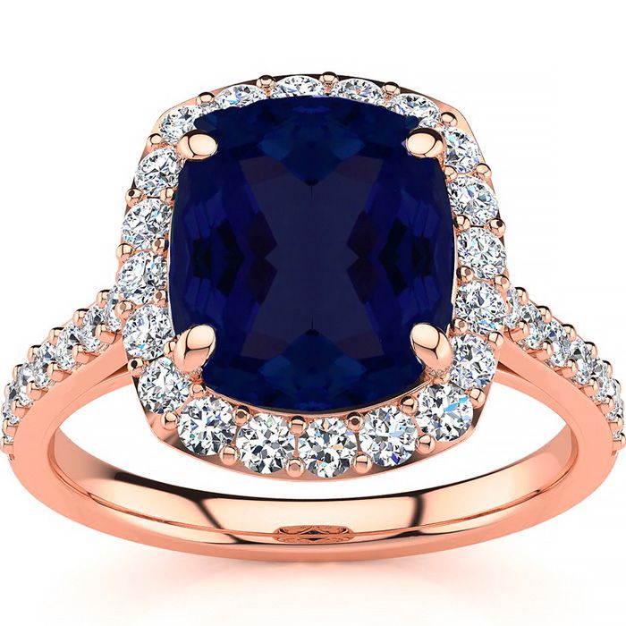 5 Carat Cushion Cut Sapphire & Halo 34 Diamond Ring in 18K Rose Gold (6.50 g), , Size 4 by SuperJeweler