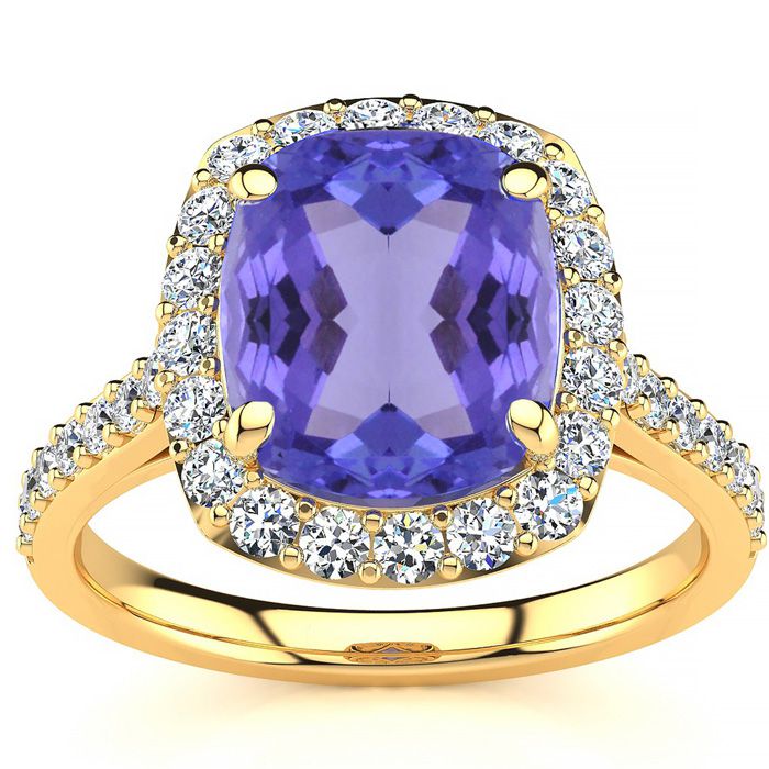 4 1/2 Carat Cushion Cut Tanzanite & Halo 34 Diamond Ring in 18K Yellow Gold (6.50 g), , Size 4 by SuperJeweler