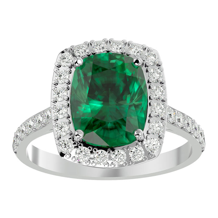 3 3/4 Carat Cushion Cut Emerald & Halo 34 Diamond Ring in 18K Whi