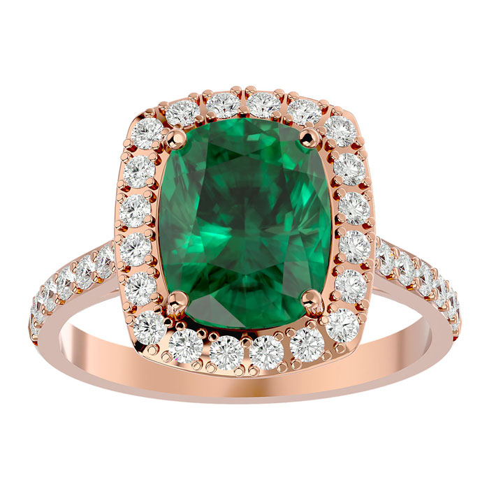 3 3/4 Carat Cushion Cut Emerald & Halo 34 Diamond Ring in 18K Rose Gold (6.50 g)  Size 4 by SuperJeweler