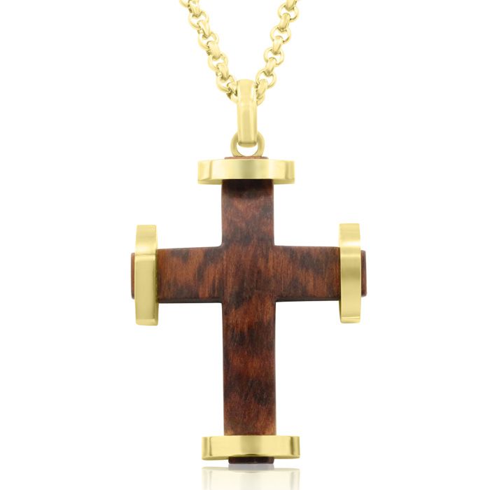 Koa Wood & Gold (23 g) Plated Stainless Steel Classic Cross Necklace, 24 Inches by SuperJeweler