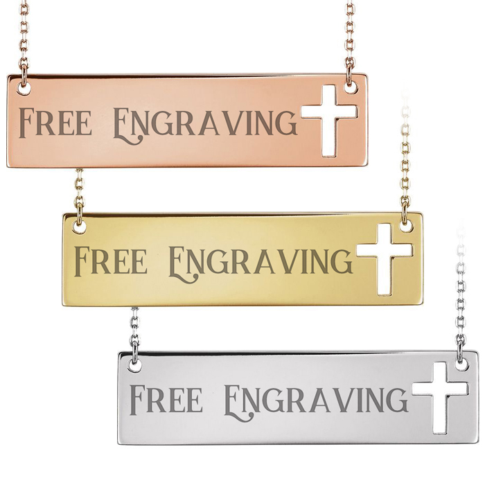 14K Gold (5.5 g) Cross Bar Necklace w/ Free Custom Engraving, 16 Inches by SuperJeweler