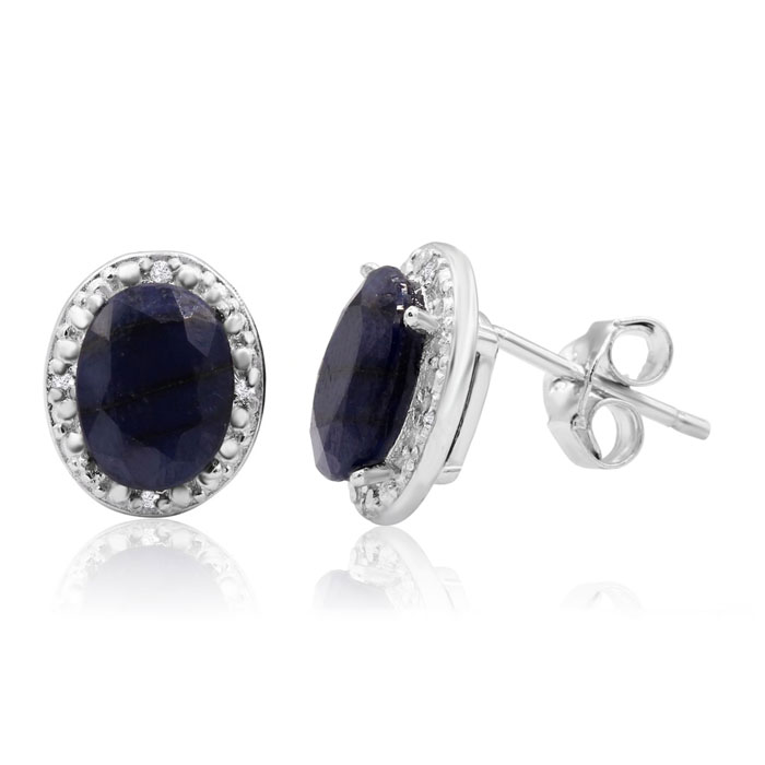 3 Carat Sapphire & Halo Diamond Stud Earrings In Sterling Silver,  By SuperJeweler