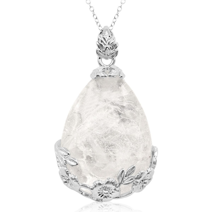 Sterling Silver Quartz Teardrop Necklace w/ Rose Accents, 18 Inches by SuperJeweler