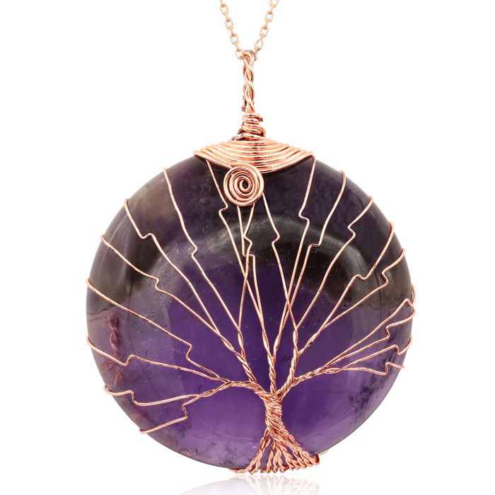 Rose Gold (23.40 g) Tree of Life Wire Wrapped Amethyst Circle Necklace, 18 Inches in Sterling Silver by SuperJeweler