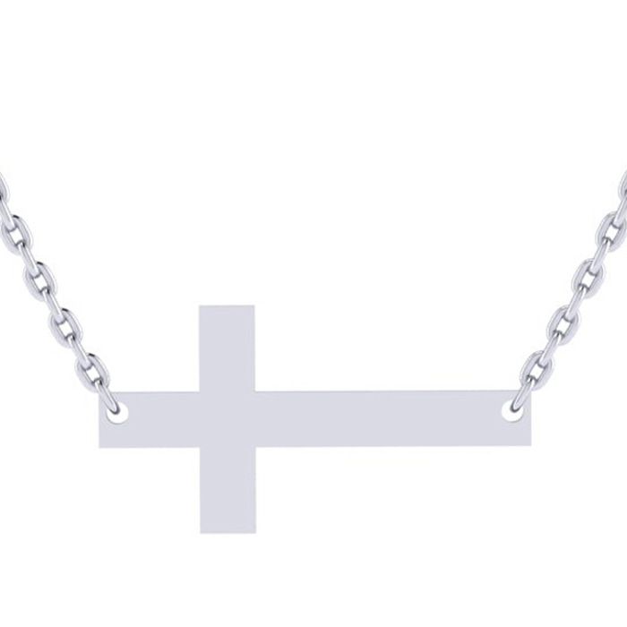 Sterling Silver Sideways Cross Necklace w/ Free Custom Engraving Available in Silver, Yellow & Rose, 18 Inch Chain by SuperJeweler