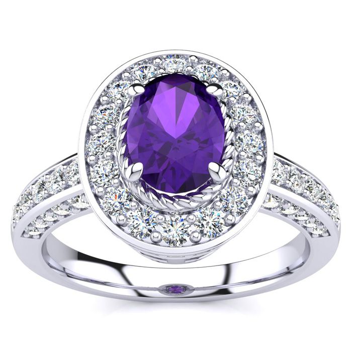 1.5 Carat Oval Shape Amethyst & Halo 71 Diamond Ring in 14K White Gold (5.2 g), , Size 4 by SuperJeweler