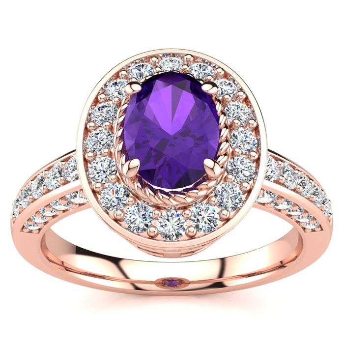 1.5 Carat Oval Shape Amethyst & Halo 71 Diamond Ring in 14K Rose Gold (5.2 g), , Size 4 by SuperJeweler