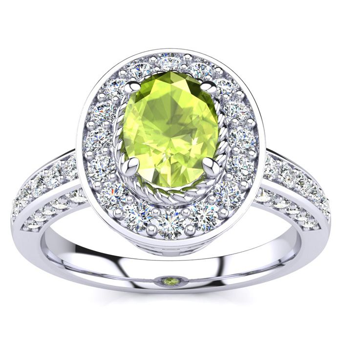 1.5 Carat Oval Shape Peridot & Halo 71 Diamond Ring in 14K White Gold (5.2 g), , Size 4 by SuperJeweler