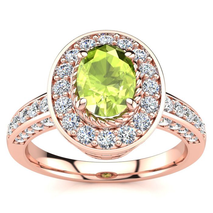 1.5 Carat Oval Shape Peridot & Halo 71 Diamond Ring in 14K Rose Gold (5.2 g), , Size 4 by SuperJeweler