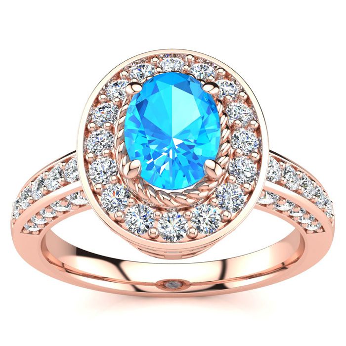 1 2/3 Carat Oval Shape Blue Topaz & Halo 71 Diamond Ring in 14K Rose Gold (5.2 g), , Size 4 by SuperJeweler