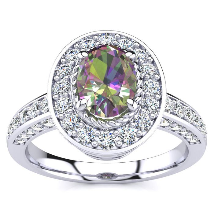 1.5 Carat Oval Shape Mystic Topaz & Halo 71 Diamond Ring in 14K White Gold (5.2 g), , Size 4 by SuperJeweler