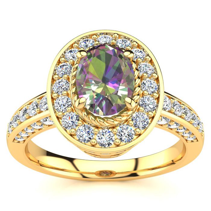 1.5 Carat Oval Shape Mystic Topaz & Halo 71 Diamond Ring in 14K Yellow Gold (5.2 g), , Size 4 by SuperJeweler