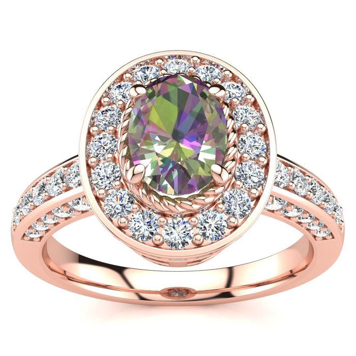 1.5 Carat Oval Shape Mystic Topaz & Halo 71 Diamond Ring in 14K Rose Gold (5.2 g), , Size 4 by SuperJeweler