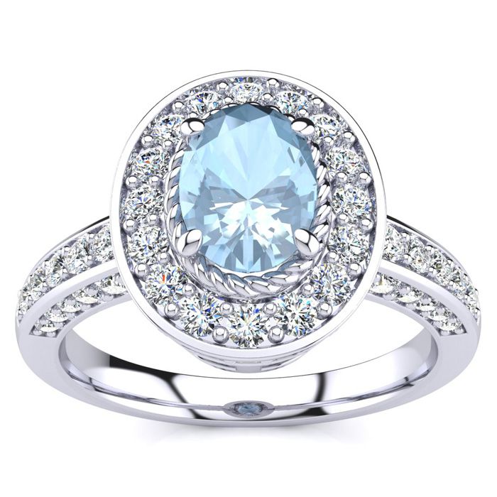 1.5 Carat Oval Shape Aquamarine & Halo 71 Diamond Ring in 14K White Gold (5.2 g), , Size 4 by SuperJeweler