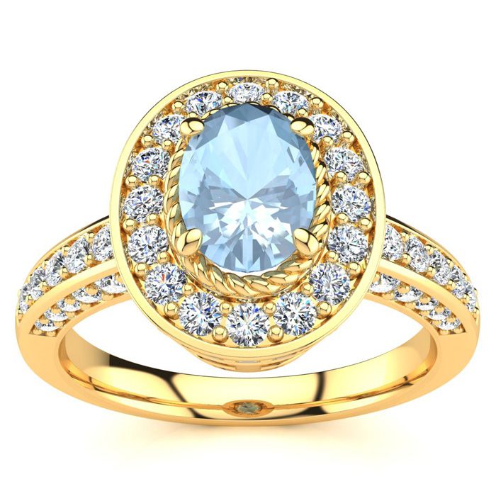 1.5 Carat Oval Shape Aquamarine & Halo 71 Diamond Ring in 14K Yellow Gold (5.2 g), , Size 4 by SuperJeweler