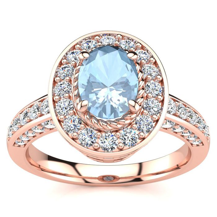 1.5 Carat Oval Shape Aquamarine & Halo 71 Diamond Ring in 14K Rose Gold (5.2 g), , Size 4 by SuperJeweler