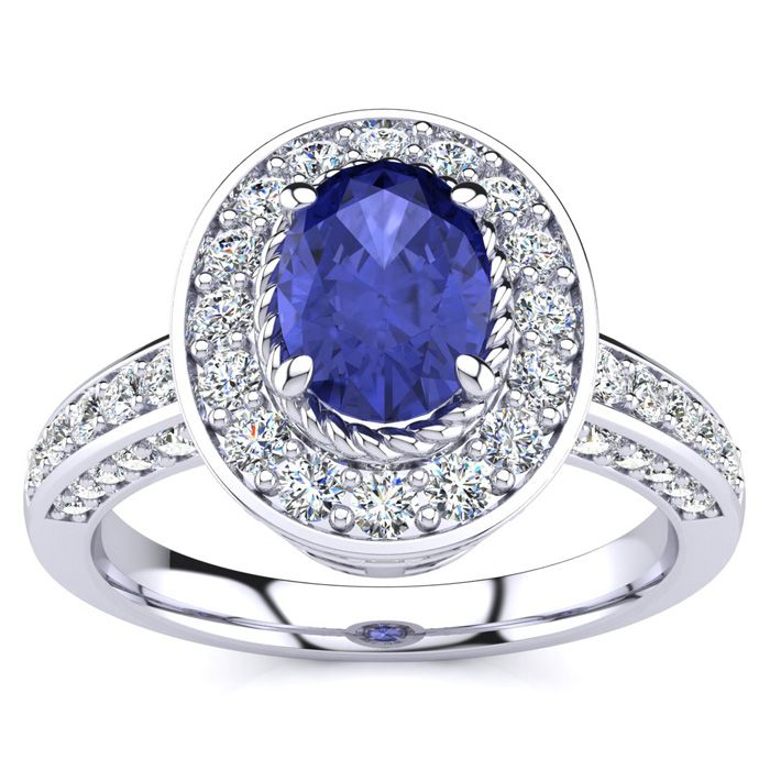 1.5 Carat Oval Shape Tanzanite & Halo 71 Diamond Ring in 14K White Gold (5.2 g), , Size 4 by SuperJeweler