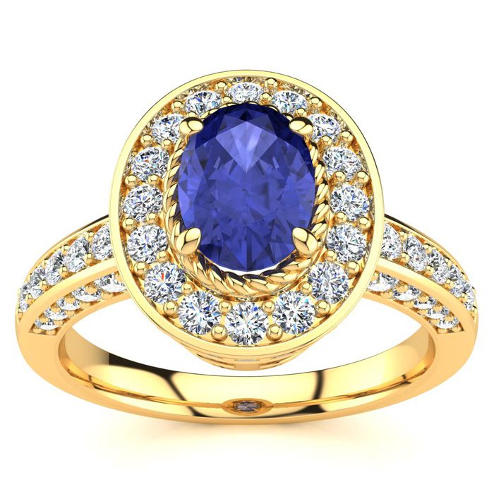 1.5 Carat Oval Shape Tanzanite & Halo 71 Diamond Ring in 14K Yellow Gold (5.2 g), , Size 4 by SuperJeweler