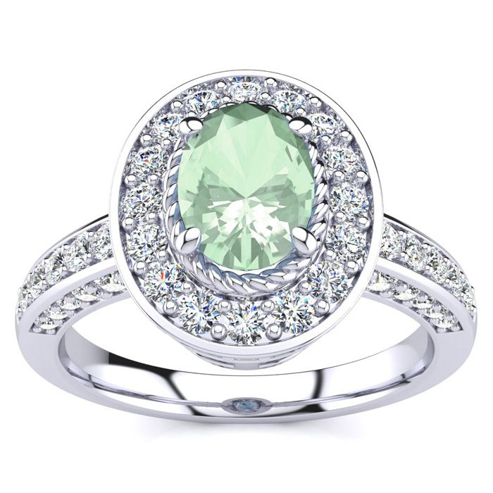 1.5 Carat Oval Shape Green Amethyst & Halo 71 Diamond Ring in 14K White Gold (5.2 g), , Size 4 by SuperJeweler