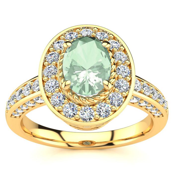 1.5 Carat Oval Shape Green Amethyst & Halo 71 Diamond Ring in 14K Yellow Gold (5.2 g), , Size 4 by SuperJeweler