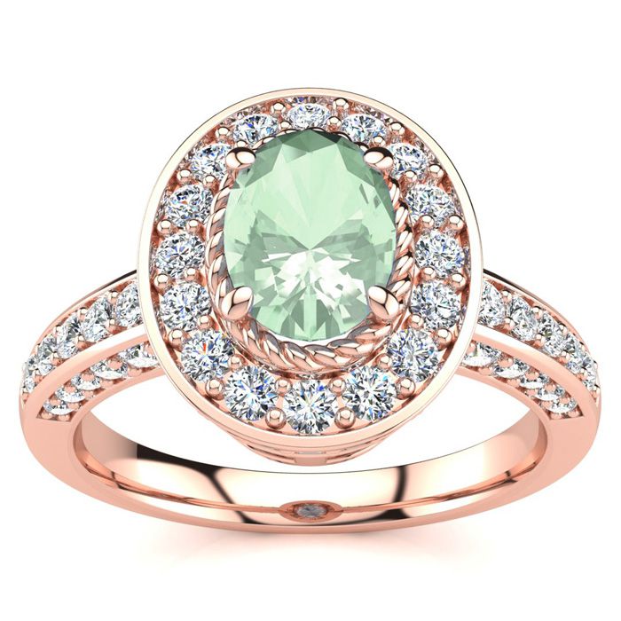 1.5 Carat Oval Shape Green Amethyst & Halo 71 Diamond Ring in 14K Rose Gold (5.2 g), , Size 4 by SuperJeweler