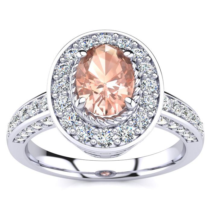 1.5 Carat Oval Shape Morganite & Halo 71 Diamond Ring in 14K White Gold (5.2 g), , Size 4 by SuperJeweler