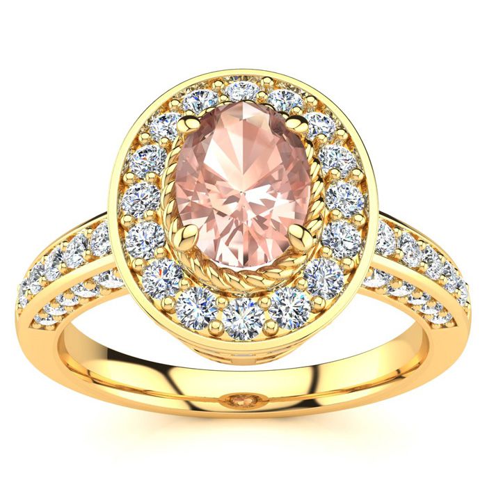 1.5 Carat Oval Shape Morganite & Halo 71 Diamond Ring in 14K Yellow Gold (5.2 g), , Size 4 by SuperJeweler