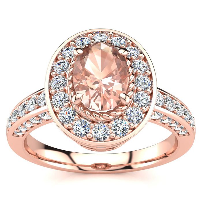 1-1/2 Carat Oval Shape Morganite & Halo Diamond Ring In 14K Rose Gold (5.2 G) (I-J, I1-I2) By SuperJeweler