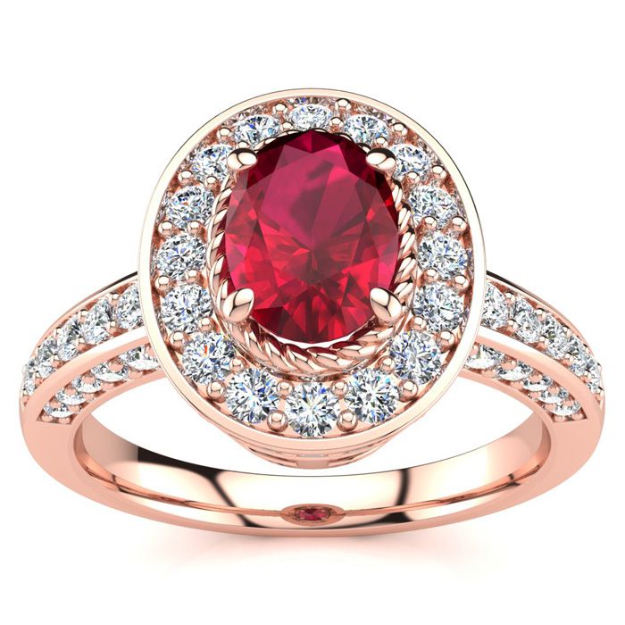 1.5 Carat Oval Shape Ruby & Halo Diamond Ring In 14K Rose Gold (5.2 G), I/J By SuperJeweler
