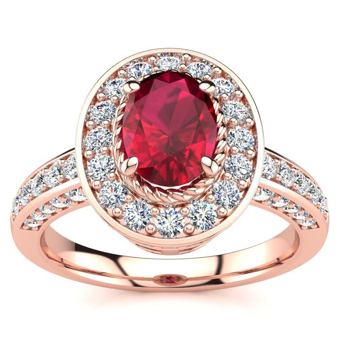 1.5 Carat Oval Shape Ruby & Halo 71 Diamond Ring in 14K Rose Gold (5.2 g), , Size 4 by SuperJeweler