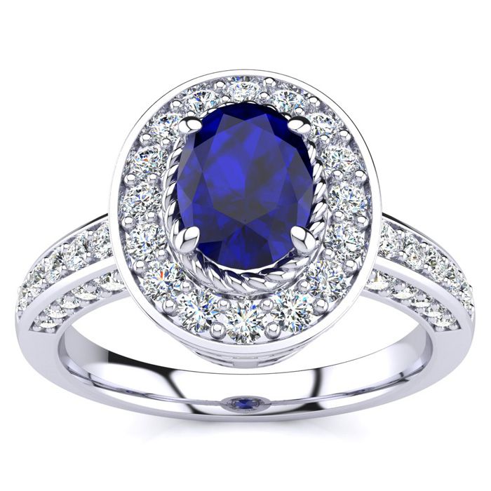 1 2/3 Carat Oval Shape Sapphire & Halo Diamond Ring In 14K White Gold (5.2 G), I/J By SuperJeweler