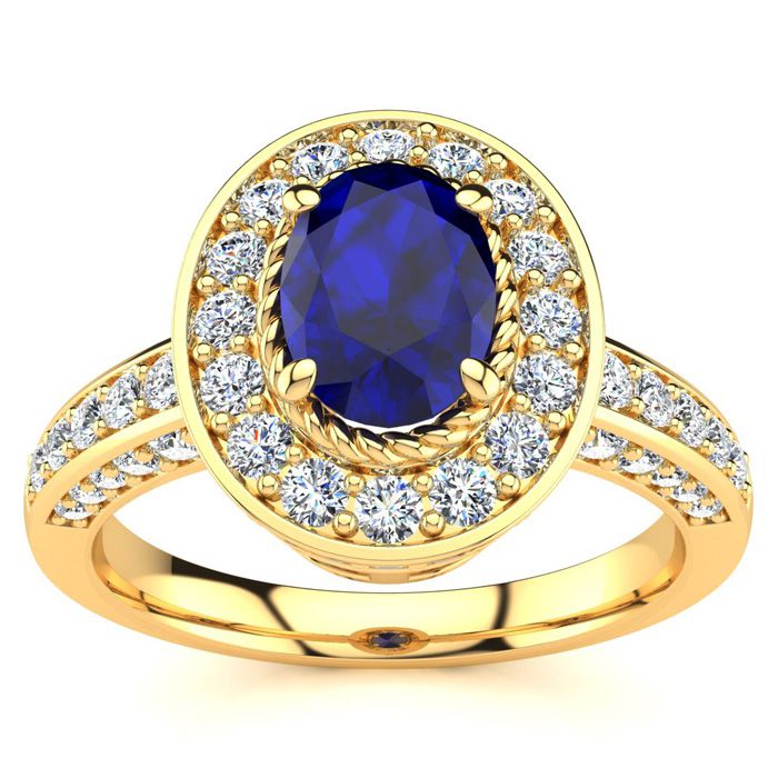 1 2/3 Carat Oval Shape Sapphire & Halo 71 Diamond Ring in 14K Yellow Gold (5.2 g), , Size 4 by SuperJeweler