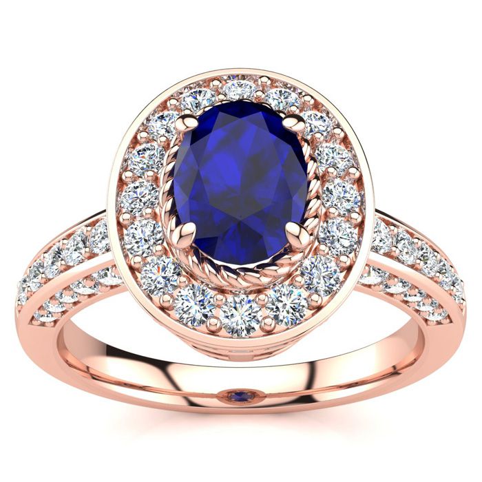 1 2/3 Carat Oval Shape Sapphire & Halo Diamond Ring In 14K Rose Gold (5.2 G), I/J By SuperJeweler