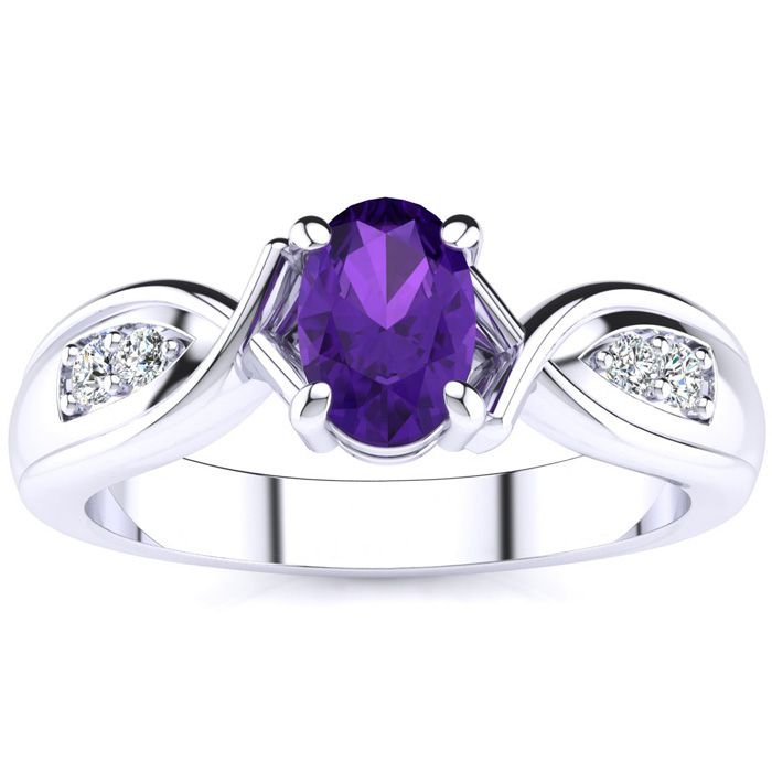 3/4 Carat Oval Shape Amethyst & Four Diamond Ring In 10K White Gold (4.7 G), I/J By SuperJeweler