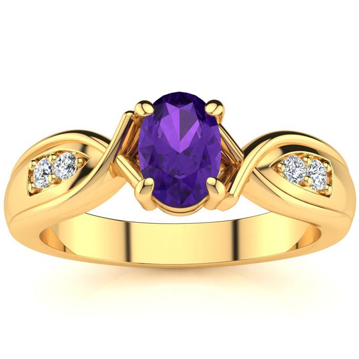 3/4 Carat Oval Shape Amethyst & Four 2 Diamond Ring in Yellow Gold (4.7 g), , Size 4 by SuperJeweler