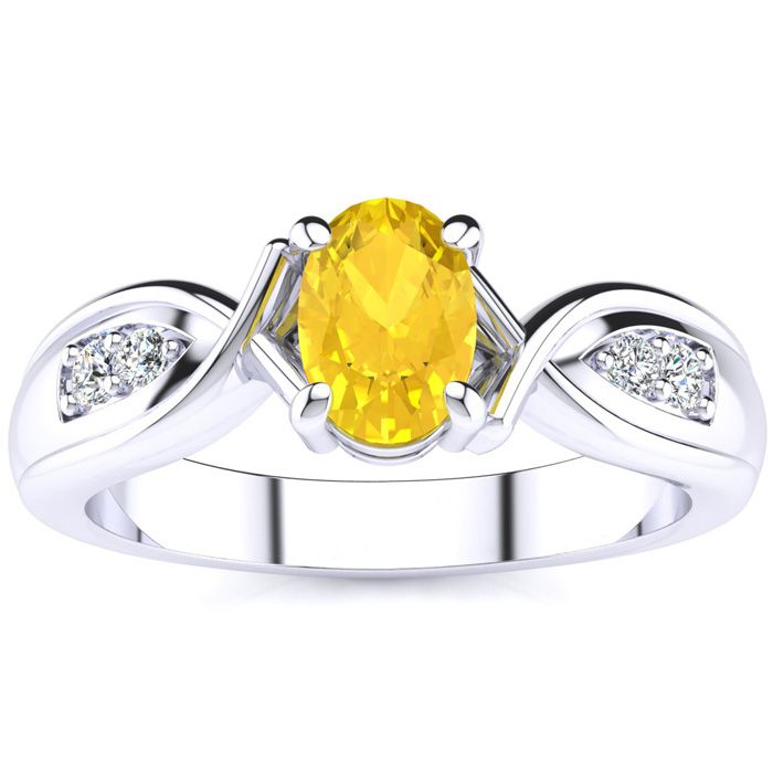 1 Carat Oval Shape Citrine & Four 2 Diamond Ring in White Gold (4.7 g), , Size 4 by SuperJeweler