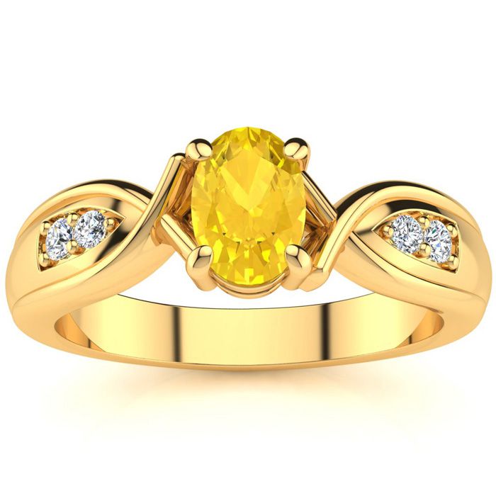 1 Carat Oval Shape Citrine & Four 2 Diamond Ring in Yellow Gold (4.7 g), , Size 4 by SuperJeweler