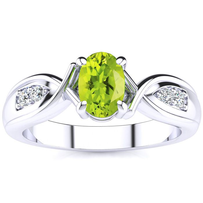 1 Carat Oval Shape Peridot & Four 2 Diamond Ring in White Gold (4.7 g), , Size 4 by SuperJeweler