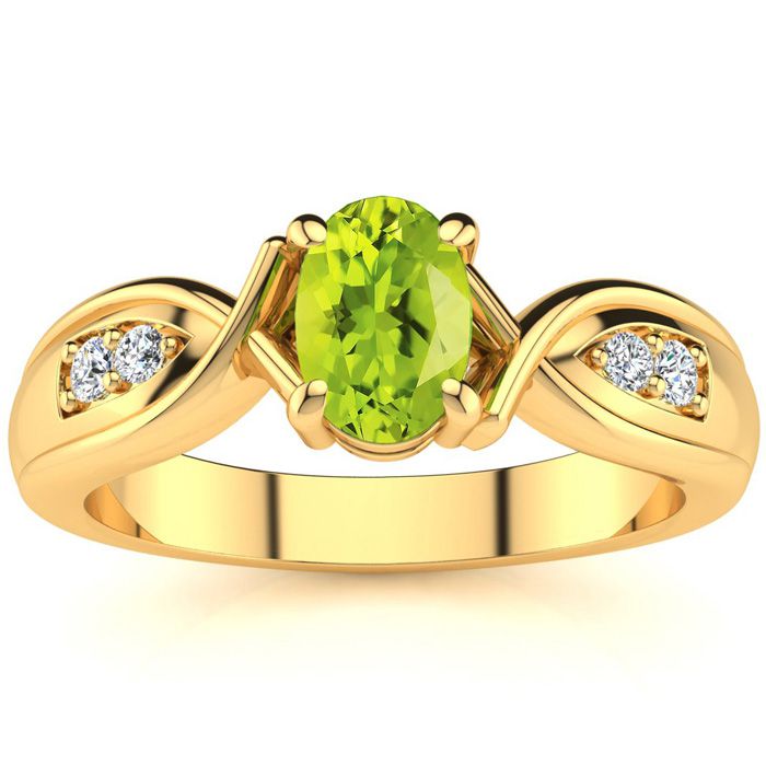 1 Carat Oval Shape Peridot & Four 2 Diamond Ring in Yellow Gold (4.7 g), , Size 4 by SuperJeweler